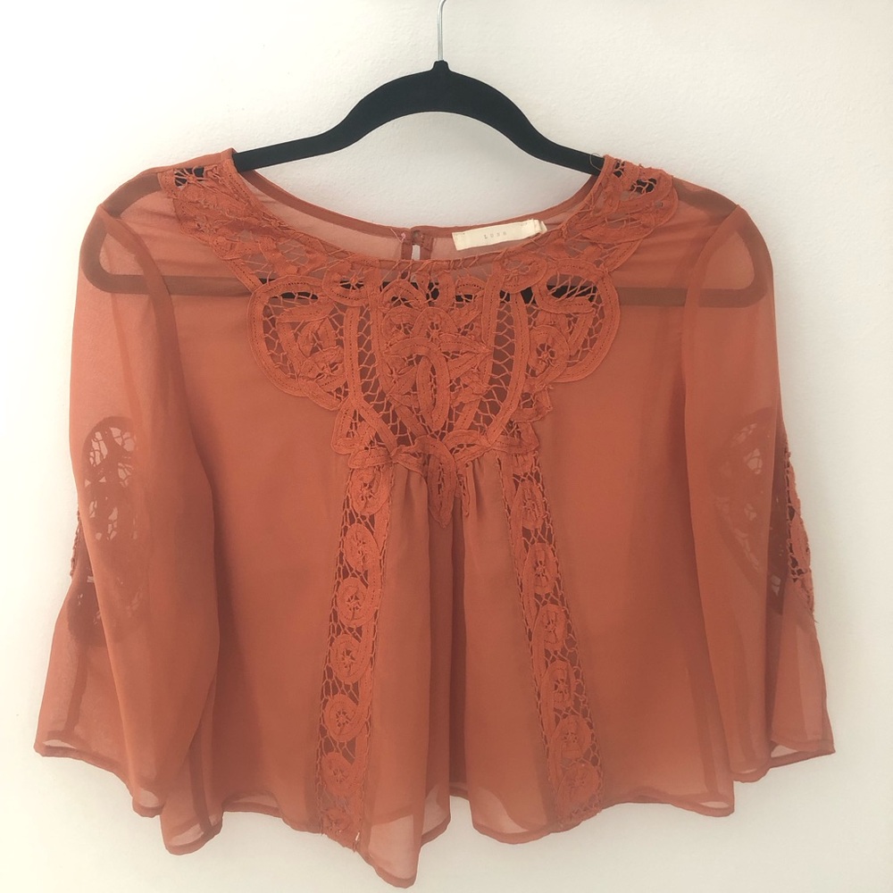 Sheer Burnt Orange Top with Lace Detail